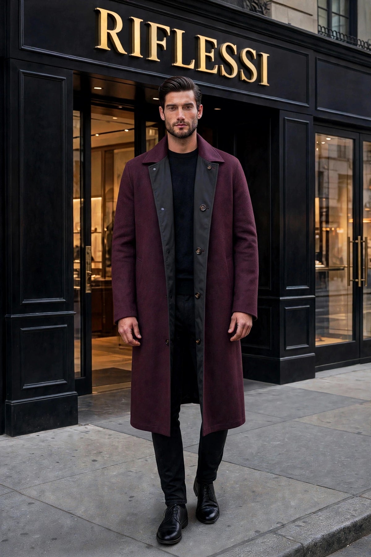 Kired Peak Reversible Cashmere Overcoat — Burgundy / Black