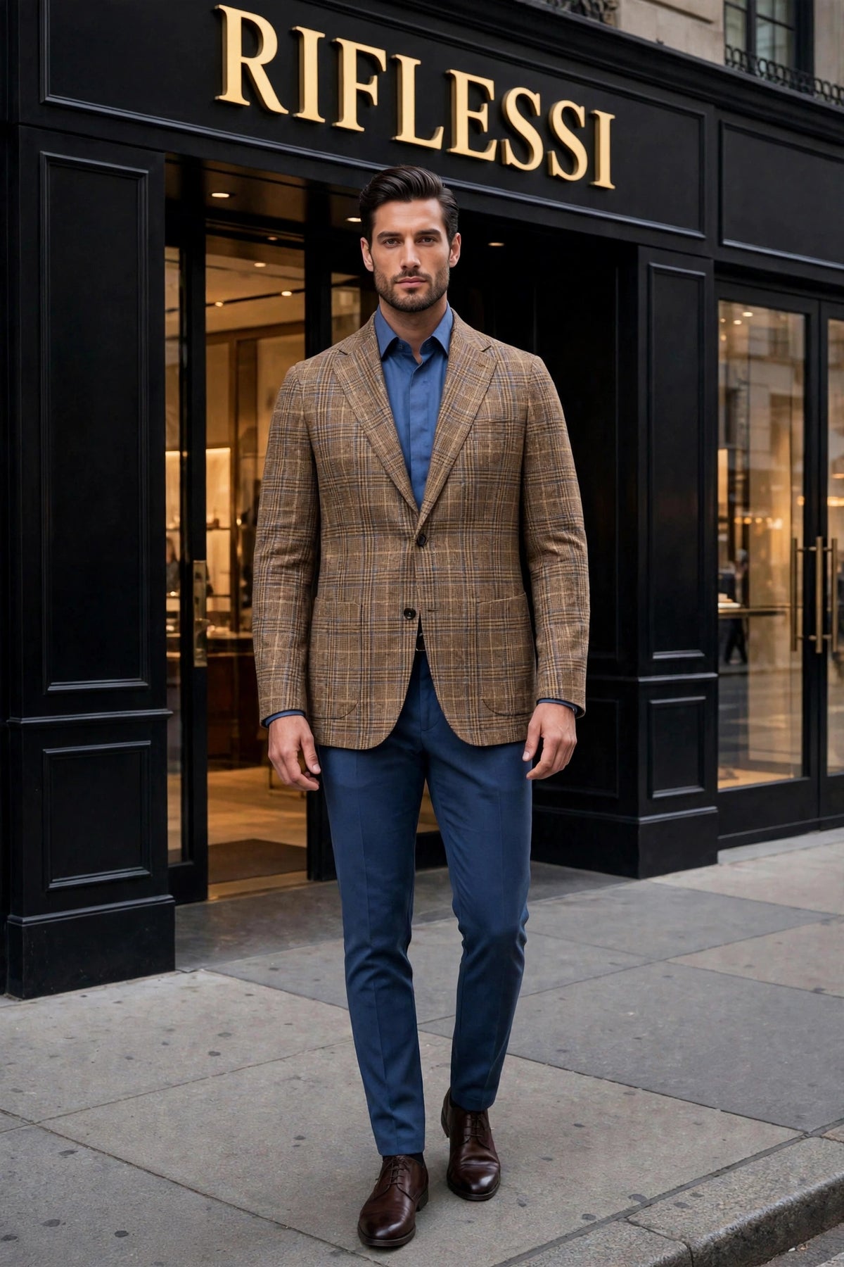 Sartorio houndstooth wool-silk-linen sport jacket in brown with a blue overcheck, front, on the model