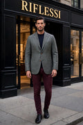 Sartorio gingham wool-silk-linen sport jacket in sage green with burgundy and black check, front, on the model
