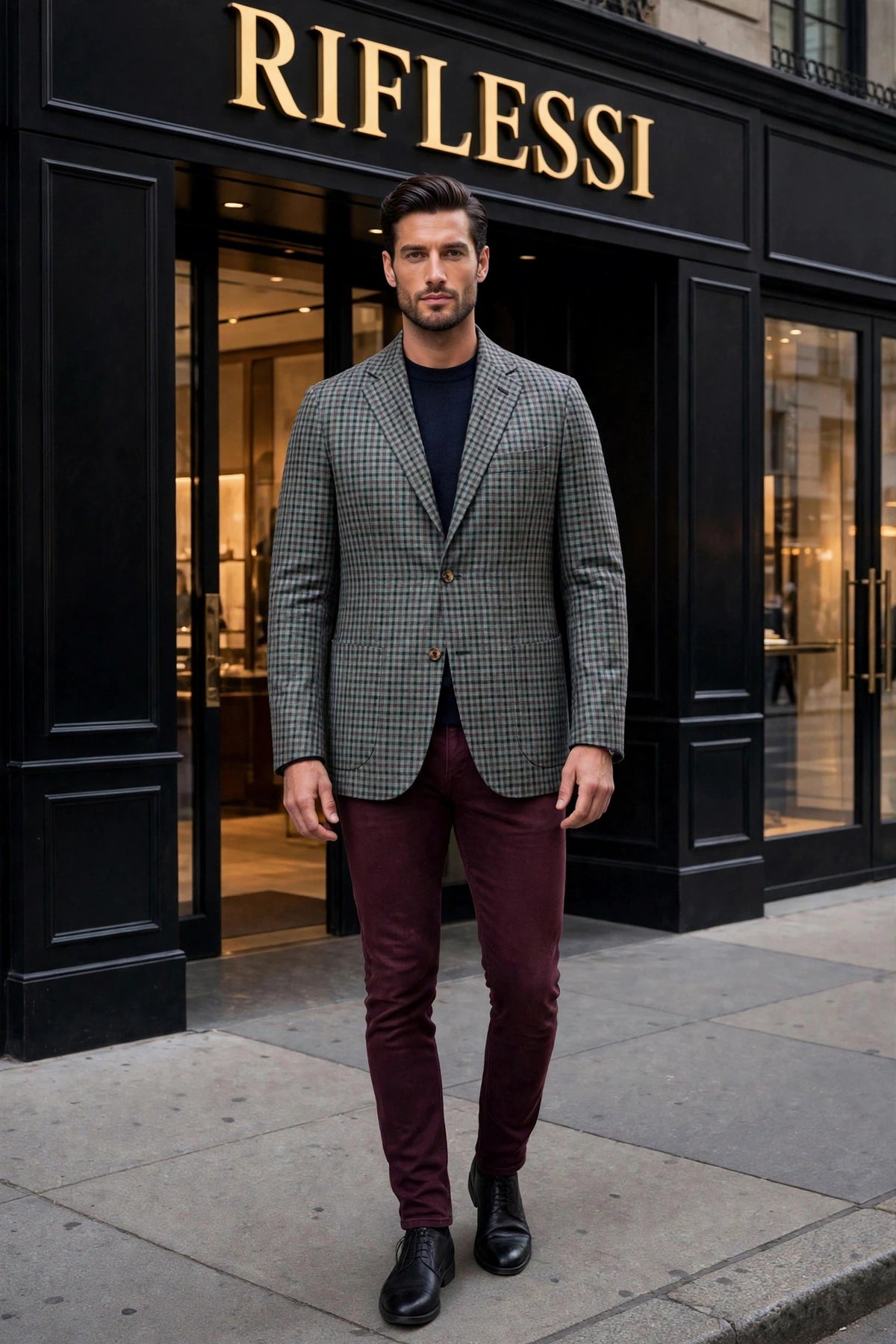 Sartorio gingham wool-silk-linen sport jacket in sage green with burgundy and black check, front, on the model