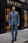 Sartorio windowpane wool-silk-linen sport jacket in green, front, on the model