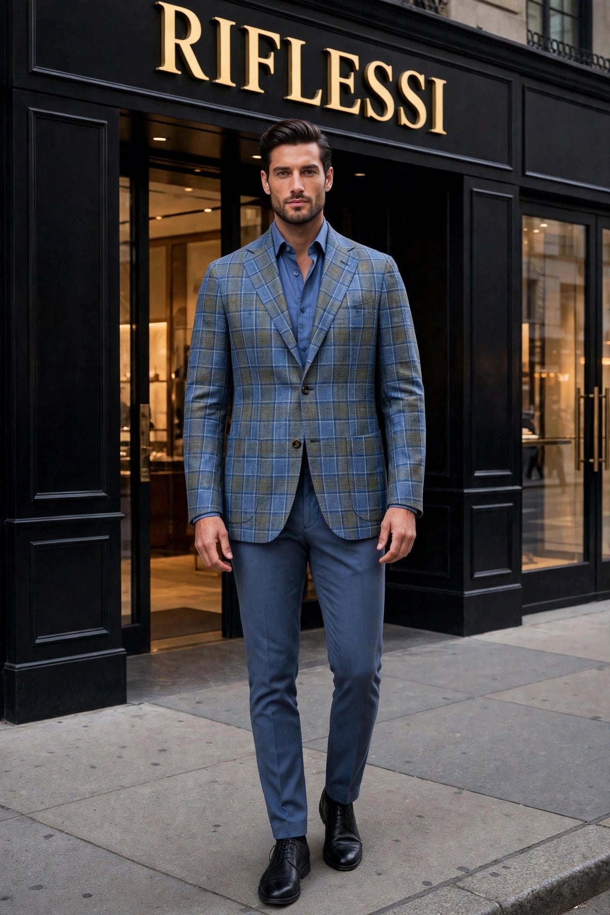 Sartorio windowpane wool-silk-linen sport jacket in green, front, on the model