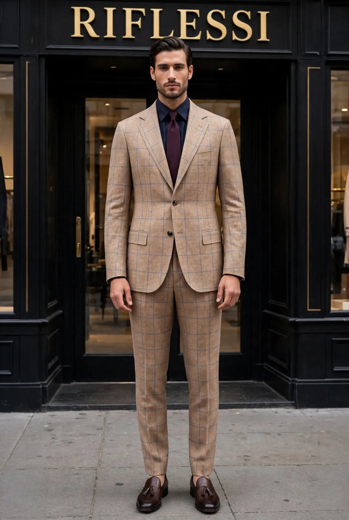 Sartorio Tan Windowpane Virgin Wool Suit